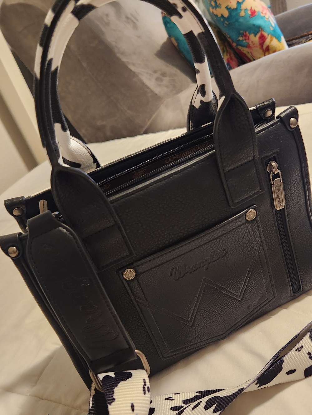 Wrangler Black & White Cowprint Satchel Bag - Picture 3 of 6